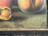 a painting of two peaches and an orange on a table