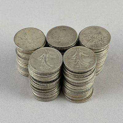 FRANCE, Ve République. 90 x 5 F argent type Semeuse 1960.