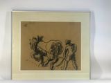 drawing of a man plowing a horse with a horse drawn behind him
