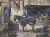 a painting of a horse pulling a cart in a building