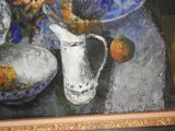 a painting of a vase with flowers and fruit on a table