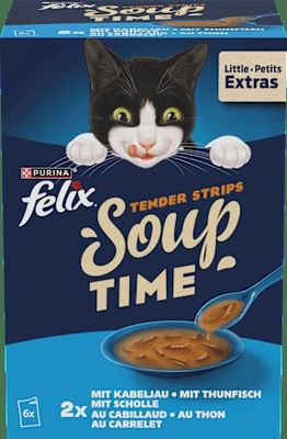 une boîte de nourriture pour chat « Felix's Soup Time » d'où sort la tête d'un chat noir et blanc