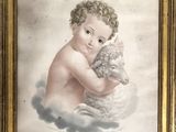 painting of a baby holding a cat in a gold frame