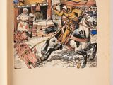 an open book with a drawing of a man on a horse