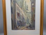 une image représentant une peinture d'une rue de ville avec une tour horloge en arrière-plan