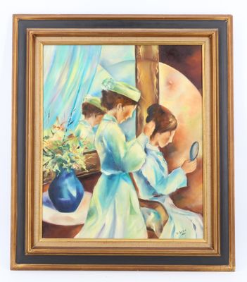 tableau représentant une femme se regardant dans un miroir devant un vase bleu