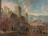 un vieux tableau représentant une scène militaire avec un château en arrière-plan