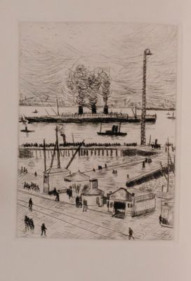 drawing of a view of a harbor with boats and people on the water