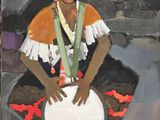 a painting of a woman holding a frisbee in her hands