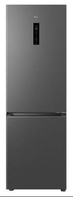 a gray refrigerator freezer sitting on top of a white counter