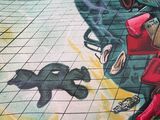 painting of a man on a skateboard on a tiled floor with other people on the ground