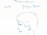 dessin représentant le profil d'un homme à l'encre bleue, accompagné d'une citation manuscrite
