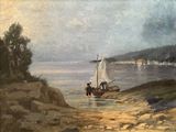 une peinture représentant un voilier sur l'eau, près du rivage
