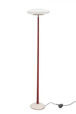 floor lamp with a red base and a white shade