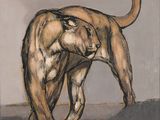 peinture représentant un lion debout sur ses pattes arrière sur un fond gris