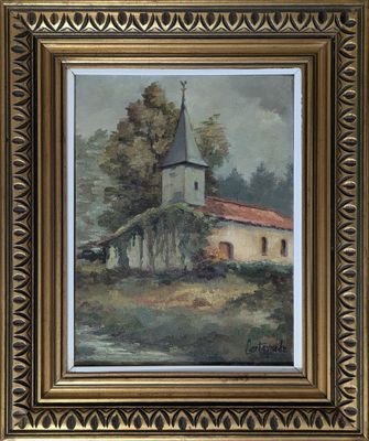 une peinture à l'huile représentant une église sur une colline, avec des arbres en arrière-plan