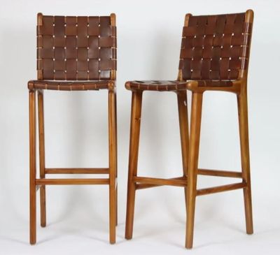 pair of leather bar stools with woven backrests