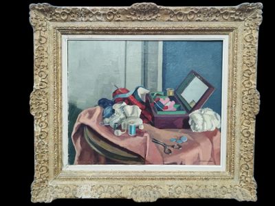 Une peinture signée LAURENCET "Nature morte à la couture" HS…