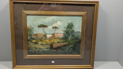 une peinture à l'huile représentant une scène de vie à la ferme avec des vaches dans un champ