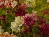 painting of a bunch of roses in a vase on a table
