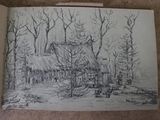 drawing of a house in the woods with a bench in front of it