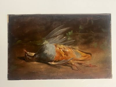 un tableau représentant un oiseau couché par terre