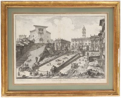 un vieux dessin représentant une cour avec une tour horloge en arrière-plan