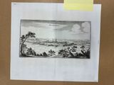 un vieux dessin représentant une vue d'une ville avec une rivière au premier plan