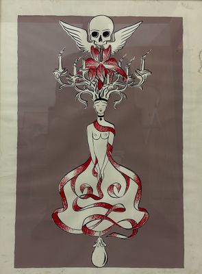 an image of a drawing of a woman in a dress with a skull on her head