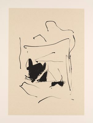 an image of a black and white drawing of a person sitting on a bed