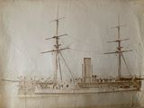 a drawing of a ship on the water with people on it