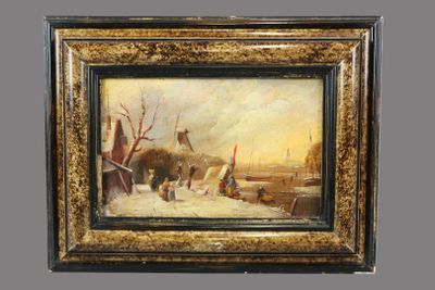 tableau représentant une scène hivernale avec un homme et un enfant près d'un moulin à vent