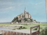 a painting of a castle on a hill by the water