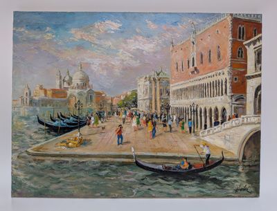 painting of a gondola on a canal in venice, italy