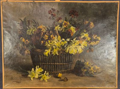 peinture représentant un panier de fleurs posé sur une table, avec une paire de ciseaux