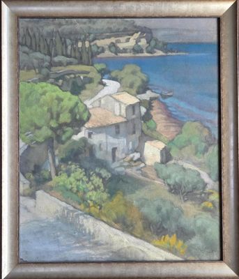 an image of a painting of a house on a hill by the water
