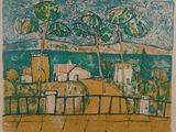 tableau représentant une vue de plage avec des palmiers et une maison