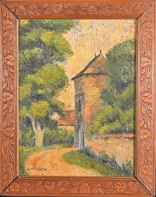 an oil painting of a house in a wooded area