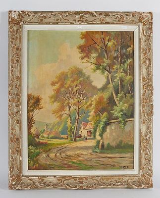une peinture à l'huile représentant une route de campagne avec une maison au loin
