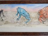 painting of three frogs and a bug in a frame on a wall