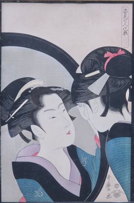 a painting of two women looking in a mirror