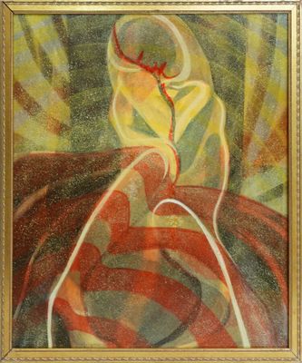 une peinture à l'huile représentant une femme vêtue d'une robe rouge et jaune
