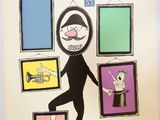illustration of a man standing on a stool in front of a wall of framed pictures