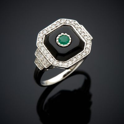 an art deco diamond and onyxite ring