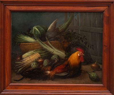 un tableau représentant un coq et des légumes posés sur une table
