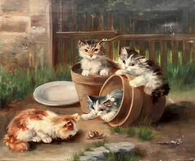painting of a group of kittens sitting in a clay pot