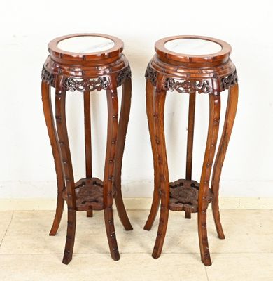 pair of antique chinese carved wood side tables with marble tops