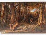 tableau représentant des cerfs et des chiens de chasse dans un décor boisé, avec un homme et un chien