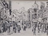 dessin représentant une scène de rue avec des passants marchant dans la rue