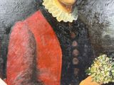 painting of a man in a red coat holding a bouquet of flowers